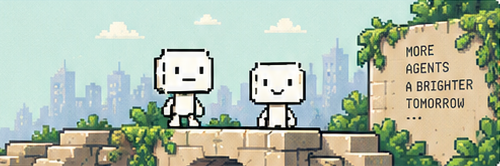 The same two robots stand on a stone terrace above a mint-green city. More agents, a brighter tomorrow.